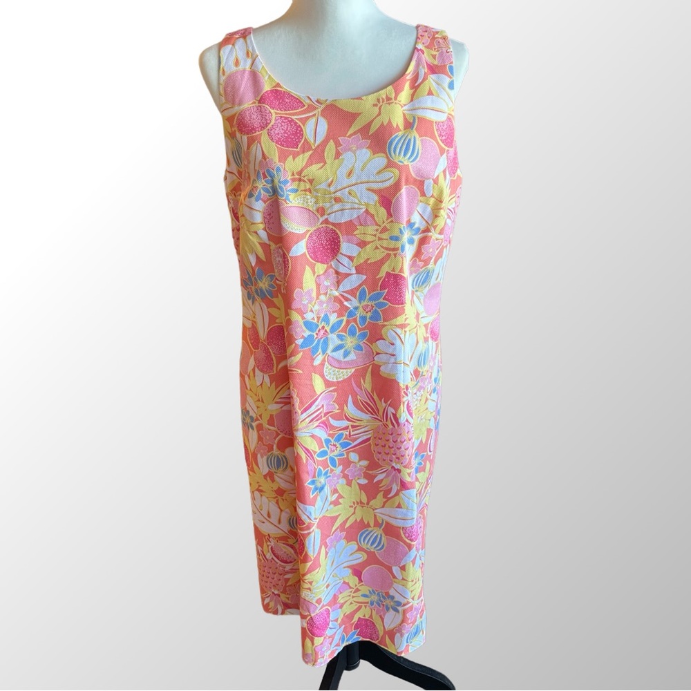 Talbots Dress Women’s 10 Peach Fruit Flowers Sleeveless Back Zip Lined Shift‎